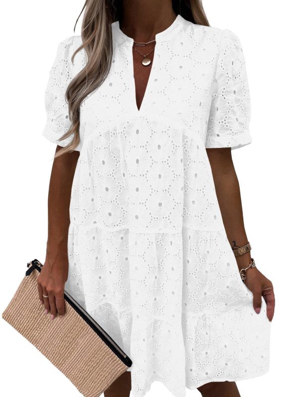 Womens Summer Lace Dresses Eyelet Casual Flowy Babydoll Swing Short Sleeve V Neck Tunic Dress