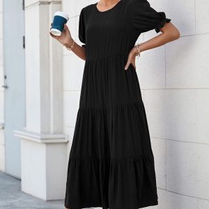 Women's Summer Casual Floral Boho Dress Puff Short Sleeve Ruffle Flowy Beach Party Midi Dresses