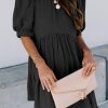 Womens 2025 Spring Summer Crewneck Puff Sleeve Babydoll Elegant Empire Waist Mini Swing Skater Dresses with Pockets