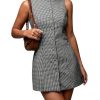 Women's Plaid Button Down Dress Crew Neck Sleeveless Tie Back Work Office Mini Dresses