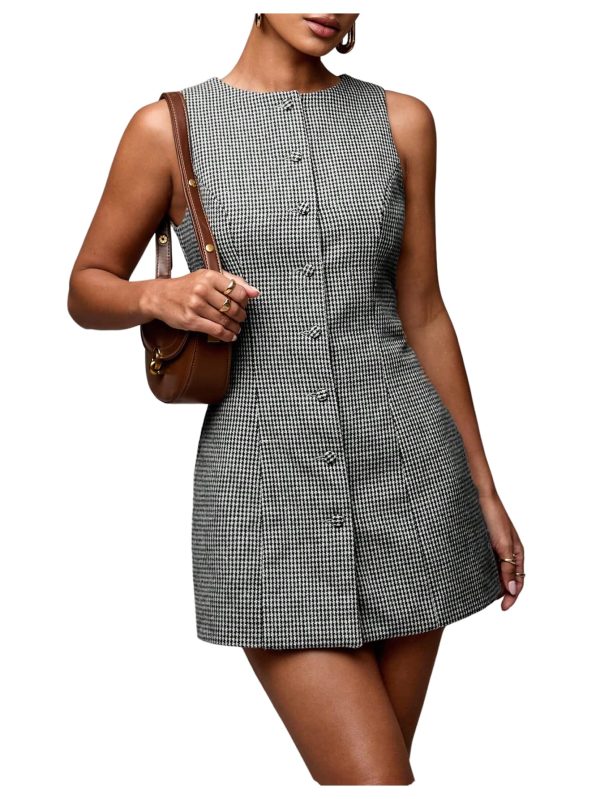 Women's Plaid Button Down Dress Crew Neck Sleeveless Tie Back Work Office Mini Dresses
