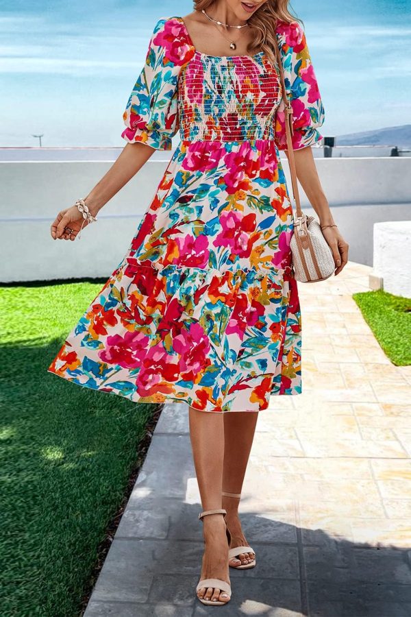 Women's Summer Casual Dresses 2025 Spring Puff Sleeve Square Neck A-line Flowy Boho Floral Smocked Midi Dress