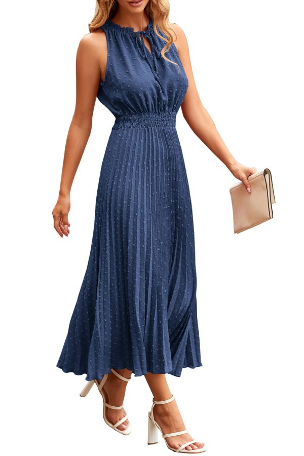 Women's Midi Summer Dresses Casual V Neck Swiss Dot Ruffle Sleeveless A Line Beach Sun Dress
