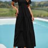 Womens Summer Puff Short Sleeve Maxi Dress Square Neck Smocked Tiered Ruffle A Line Long Flowy Beach Dresses
