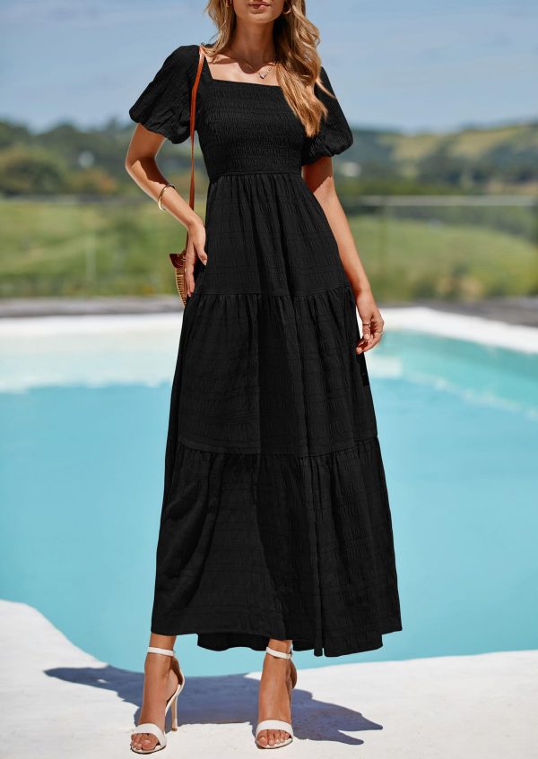 Womens Summer Puff Short Sleeve Maxi Dress Square Neck Smocked Tiered Ruffle A Line Long Flowy Beach Dresses