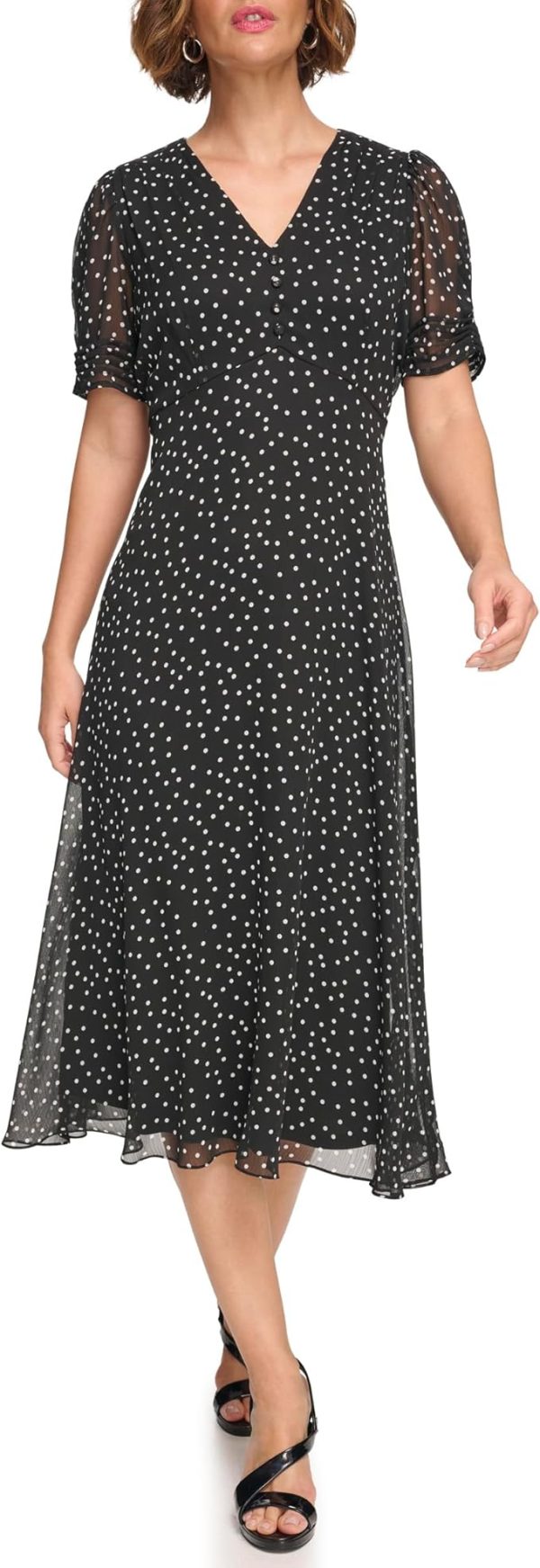 Women's Short Sleeve Button Front Fit & Flare Midi Dress Black/Cream Size:12