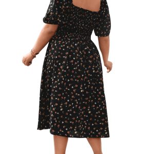 Women's Plus Size Floral Print Tie Front Square Neck Slit Hem Midi Dress