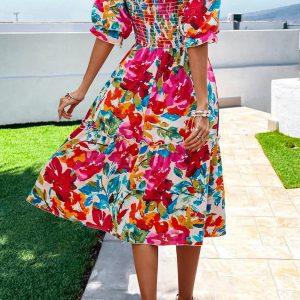 Women's Summer Casual Dresses 2025 Spring Puff Sleeve Square Neck A-line Flowy Boho Floral Smocked Midi Dress