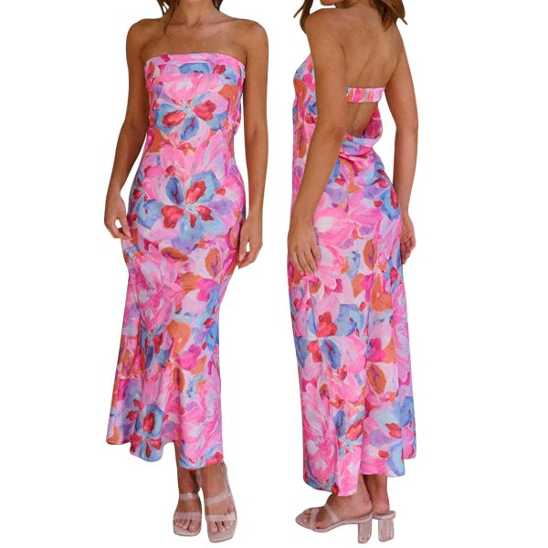 Women's Sexy Satin Tube Maxi Dress Elegant Silk Strapless Open Back Party Cocktail Wedding Guest Formal Long Dresses