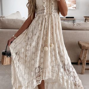 Women's Summer Dresses Sleeveless Lace Casual Tassel Beach Spaghetti Straps Flowy Maxi Sun Dress