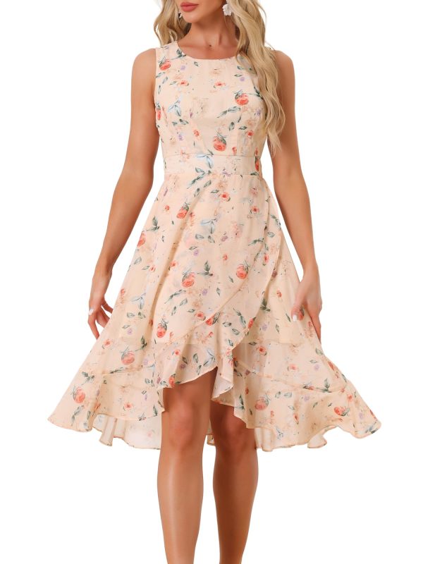 Women's Summer Dresses 2025 Wrap Ruffle High Low Hem Round Neck Keyhole Back Sleeveless Floral Dress