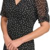 Women's Short Sleeve Button Front Fit & Flare Midi Dress Black/Cream Size:12