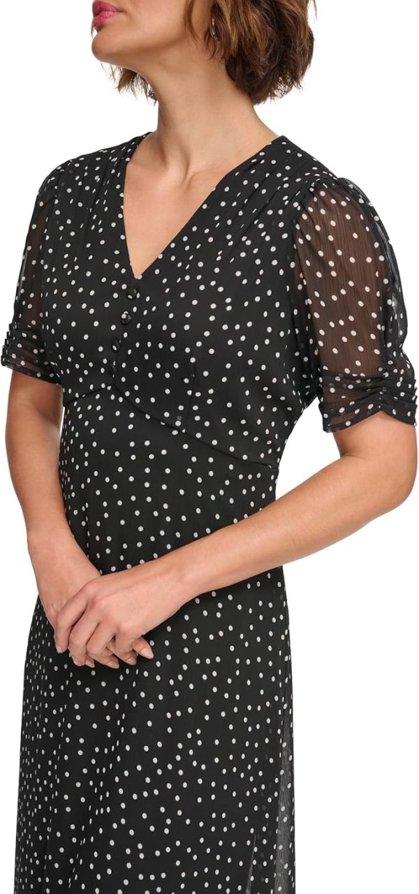 Women's Short Sleeve Button Front Fit & Flare Midi Dress Black/Cream Size:12