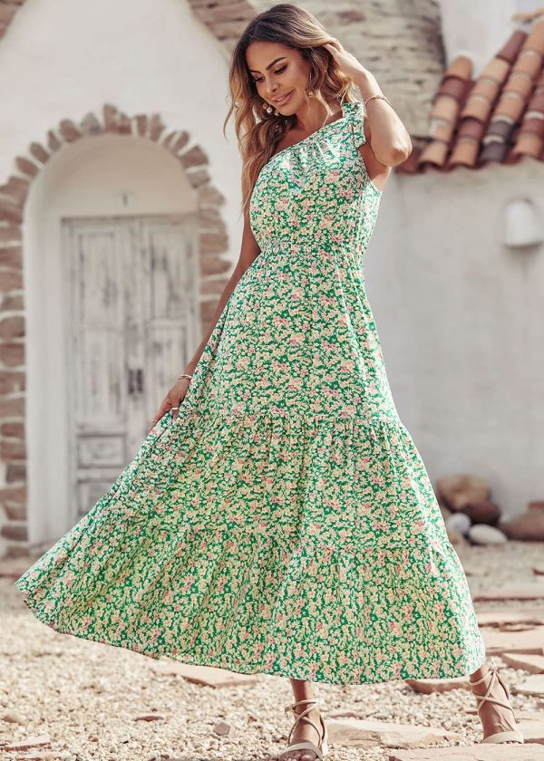 Women's Summer Floral One Shoulder Maxi Dress Knot Ruffle Boho Beach Vacation Wedding Guest Long Dresses