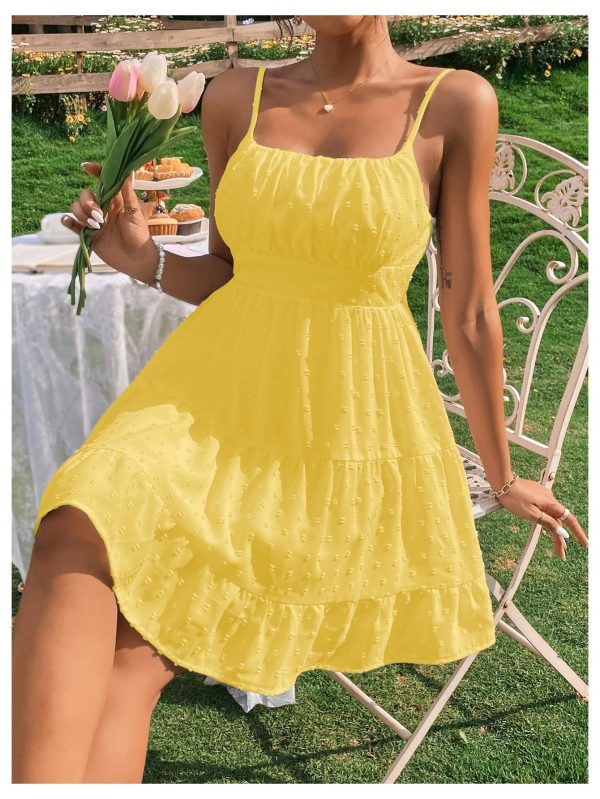 Women's Swiss Dots Sleeveless Ruched Bust Ruffle Hem Cami Short Dress