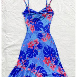 Women's Summer Tropical Twist Front Ruched Ruffle Hem Bodycon Cami Dress