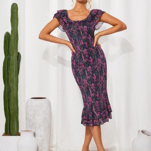 Women's Summer Floral Midi Dress Wedding Guest Party Dress Mermaid Bodycon Mesh Ruffle Dress
