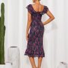 Women's Summer Floral Midi Dress Wedding Guest Party Dress Mermaid Bodycon Mesh Ruffle Dress