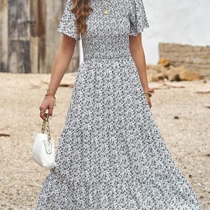 Women's 2025 Summer Casual Flutter Short Sleeve Boho Floral Maxi Dress Crew Neck Smocked Tiered Long Dresses