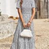 Women's 2025 Summer Casual Flutter Short Sleeve Boho Floral Maxi Dress Crew Neck Smocked Tiered Long Dresses