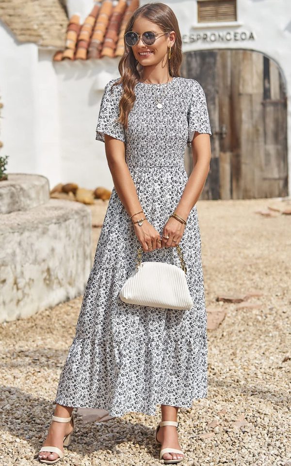 Women's 2025 Summer Casual Flutter Short Sleeve Boho Floral Maxi Dress Crew Neck Smocked Tiered Long Dresses