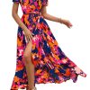 Women's Summer Maxi Dress Casual Wrap Floral Boho Short Sleeve V Neck Split Ruffle Beach Long Dresses