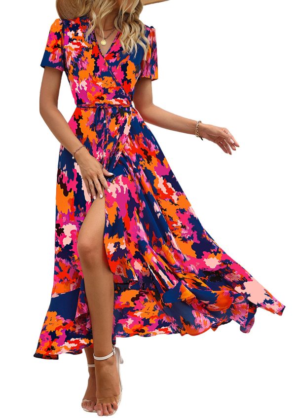Women's Summer Maxi Dress Casual Wrap Floral Boho Short Sleeve V Neck Split Ruffle Beach Long Dresses