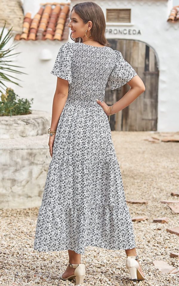 Women's 2025 Summer Casual Flutter Short Sleeve Boho Floral Maxi Dress Crew Neck Smocked Tiered Long Dresses