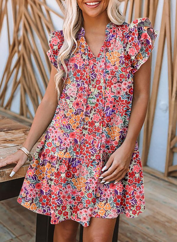 Womens Summer Dresses 2025 V-Neck Drawstring Ruffle Cap Short Sleeve Side Pockets Mini Dress Sundress