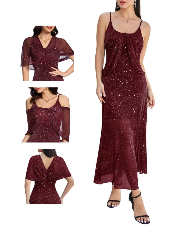 Women Sequin Formal Party Dress Cocktail Evening Gown Wedding Dresses with Shawl