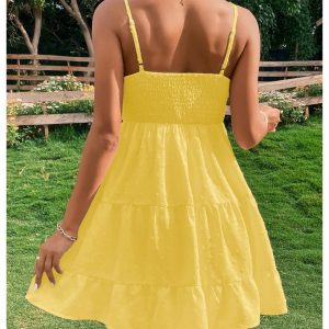 Women's Swiss Dots Sleeveless Ruched Bust Ruffle Hem Cami Short Dress