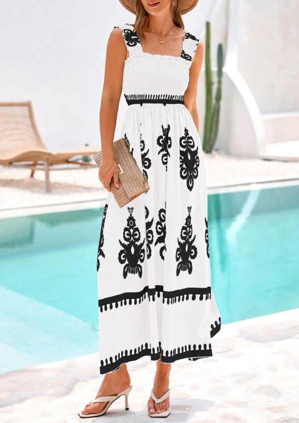 Womens Summer Boho Maxi Dress 2025 Casual Sleeveless Square Neck Floral Aline Smocked Beach Dresses with Pockets