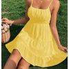 Women's Swiss Dots Sleeveless Ruched Bust Ruffle Hem Cami Short Dress