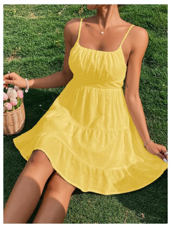 Women's Swiss Dots Sleeveless Ruched Bust Ruffle Hem Cami Short Dress