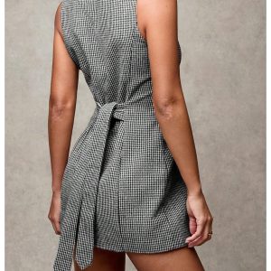Women's Plaid Button Down Dress Crew Neck Sleeveless Tie Back Work Office Mini Dresses