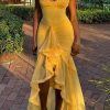 Women Cocktail Maxi Dress Sleeveless Ruched Ruffle Hem Mesh Dresses High Low Split Spaghetti Strap Sundress