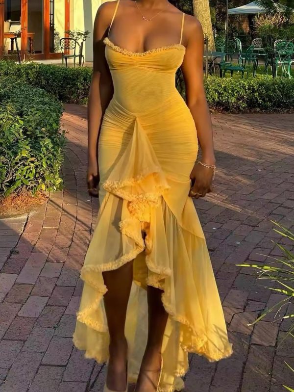 Women Cocktail Maxi Dress Sleeveless Ruched Ruffle Hem Mesh Dresses High Low Split Spaghetti Strap Sundress