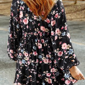 Womens Dresses 2025 Boho Floral V Neck Long Sleeve Smocked Elastic Waist Casual A-Line Swing Mini Dress Sundress