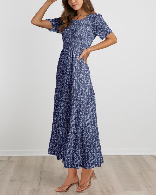 81D2R3XR3L.jpg Women Casual Short Sleeve Crew Neck Summer Dress Bohemian Floral Printed Flowy Maxi Dresses Tiered Cocktail Dress