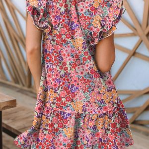Womens Summer Dresses 2025 V-Neck Drawstring Ruffle Cap Short Sleeve Side Pockets Mini Dress Sundress