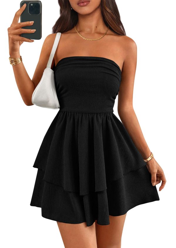 Women's 2025 Summer Strapless Tube Mini Dress Off Shoulder Smocked Ruffle A Line Flowy Short Party Club Dresses