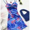 Women's Summer Tropical Twist Front Ruched Ruffle Hem Bodycon Cami Dress