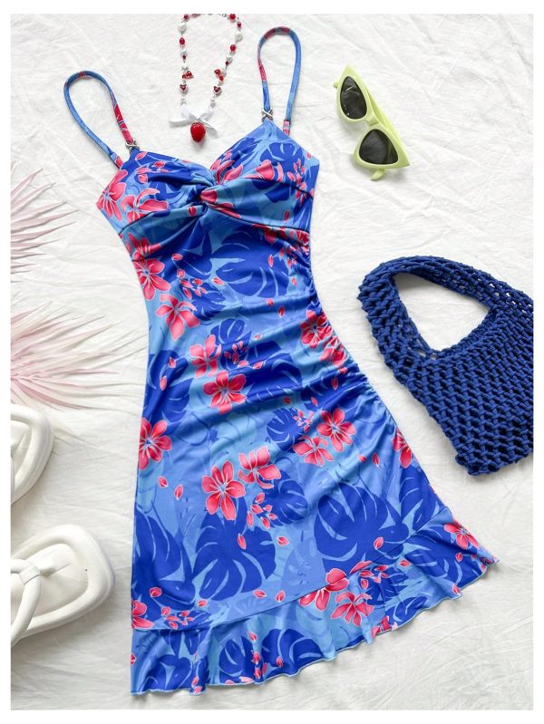 Women's Summer Tropical Twist Front Ruched Ruffle Hem Bodycon Cami Dress