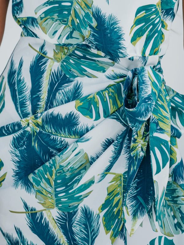 Women's One Shoulder Leaf Print Self-tie Short Dress Sleeveless Tiered Hem Formal Dress Casual Mini Dress