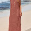 Womens Summer Dresses Ribbed Knit Henley Short Sleeve Maxi Dress Button Up Loose Slit Beach Vacation Sundress