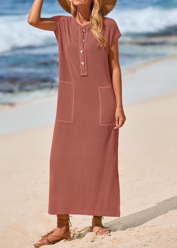 Womens Summer Dresses Ribbed Knit Henley Short Sleeve Maxi Dress Button Up Loose Slit Beach Vacation Sundress