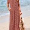 Womens Summer Dresses Ribbed Knit Henley Short Sleeve Maxi Dress Button Up Loose Slit Beach Vacation Sundress