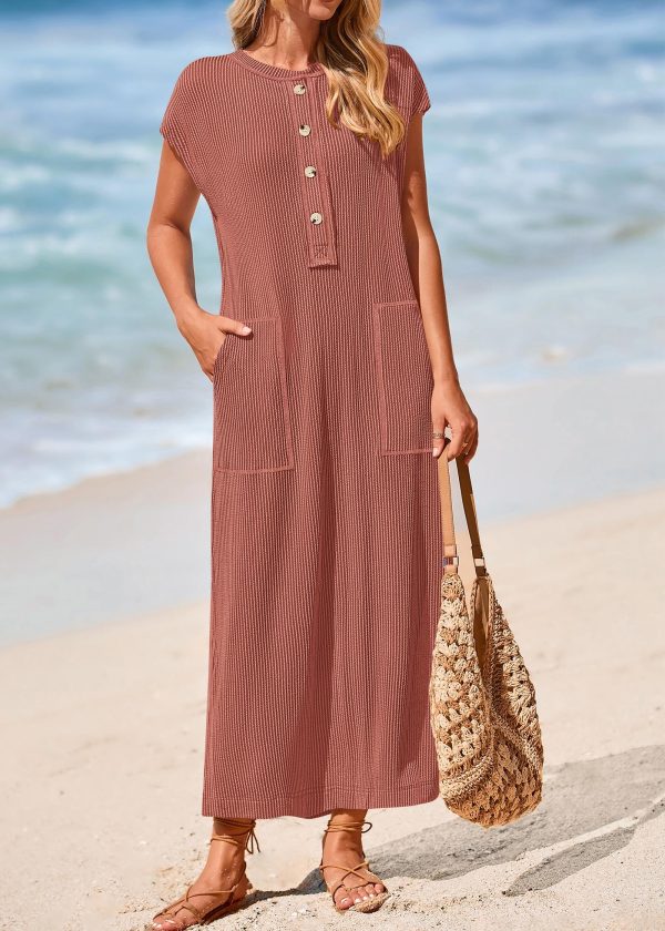 Womens Summer Dresses Ribbed Knit Henley Short Sleeve Maxi Dress Button Up Loose Slit Beach Vacation Sundress