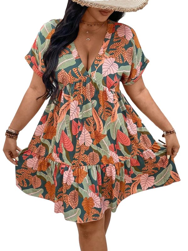 81JUAyP6VL.jpg Women's Plus Size Wrap V Neck Short Sleeve Ruffle Hem A Line Short Dress