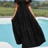 Womens Summer Puff Short Sleeve Maxi Dress Square Neck Smocked Tiered Ruffle A Line Long Flowy Beach Dresses